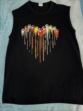 NWOT…Black Sleeveless Tee with Dripping Rainbow Heart Paw Design New never worn